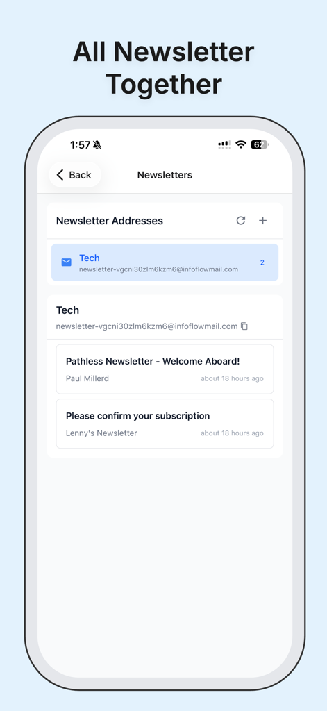 InfoFlow: Pocket Alternative - InfoFlow app interface showing integrated newsletter management with dedicated inbox addresses