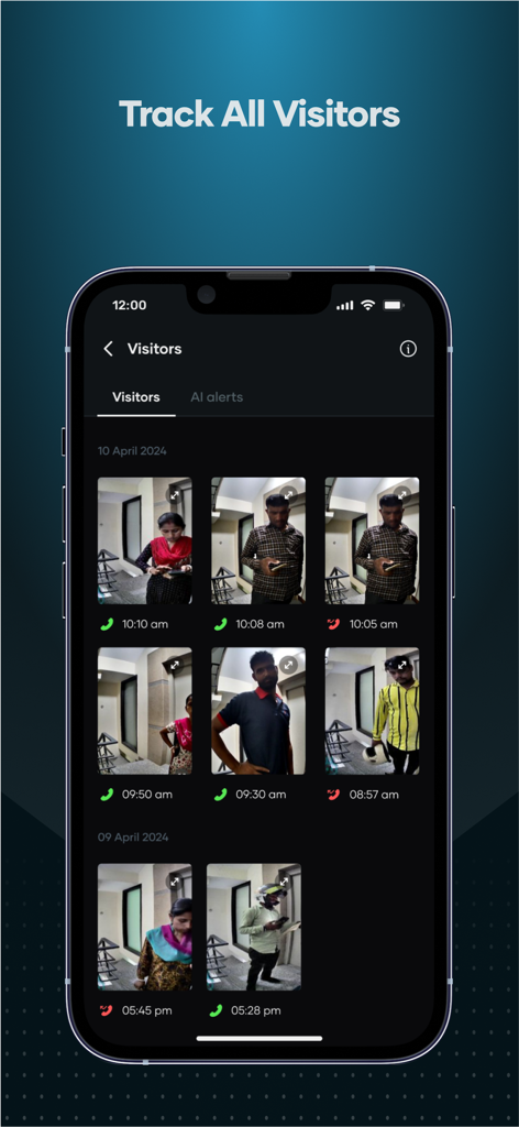 Qubo - Uma interface de aplicativo móvel exibindo um registro cronológico de visitantes com fotos capturadas e carimbos de data/hora para monitoramento de segurança residencial