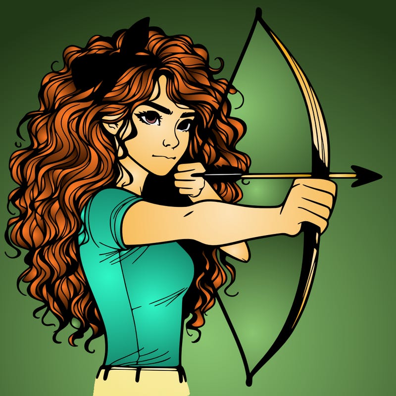 a woman with curly and messy hair using a bow to shoot arrow realistic