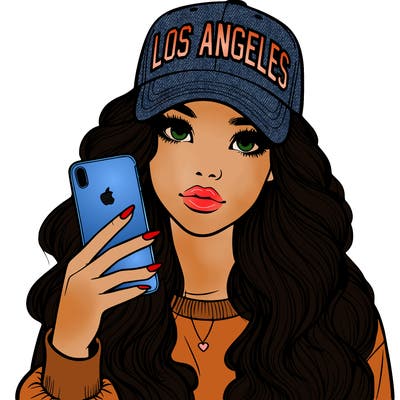 realistic beautiful girl wearing los ángeles cap holding an iphone