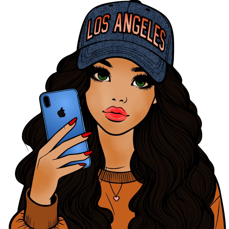 realistic beautiful girl wearing los ángeles cap holding an iphone