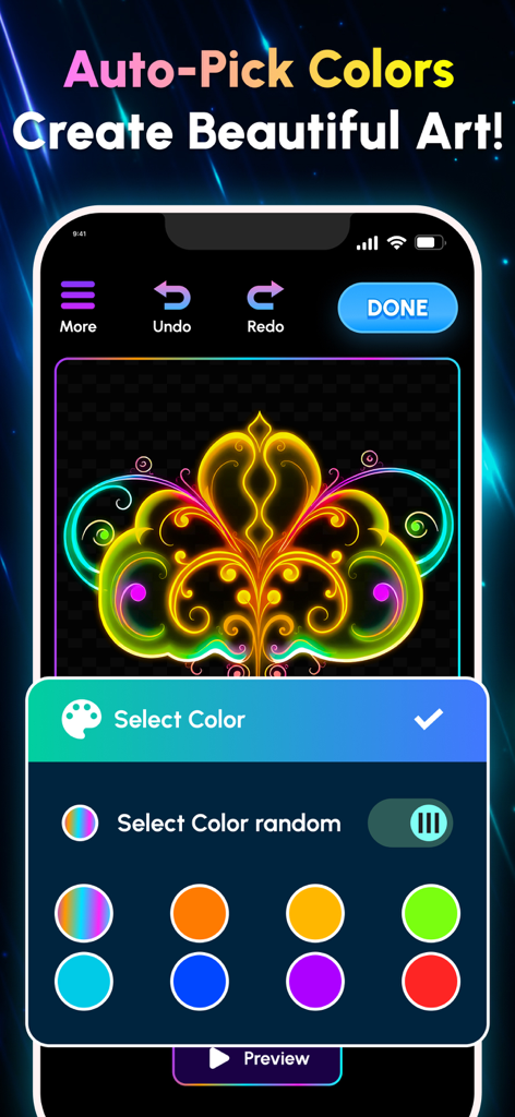Interface do aplicativo Glow Art Drawing mostrando um design de mandala de neon vibrante com ferramentas de seleção de cores e um alternador de cores aleatório