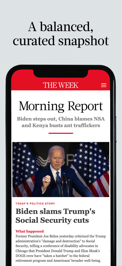 The Week - US Edition - The Week US Edition app displaying the Morning Report with a political news headline
