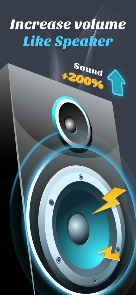 Ai Volume booster - Graphic of a speaker with text indicating sound increase up to 200 percent