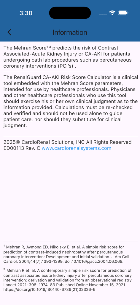 RenalGuard® AKI Calculator - Information screen for RenalGuard AKI Calculator explaining the Mehran Score