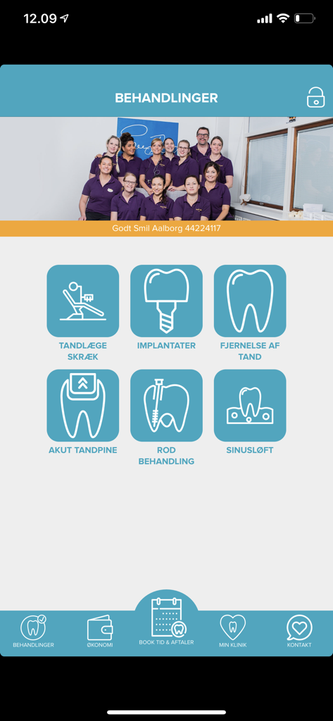 Godt Smil dental app screen displaying a menu of treatment options and clinic staff photo