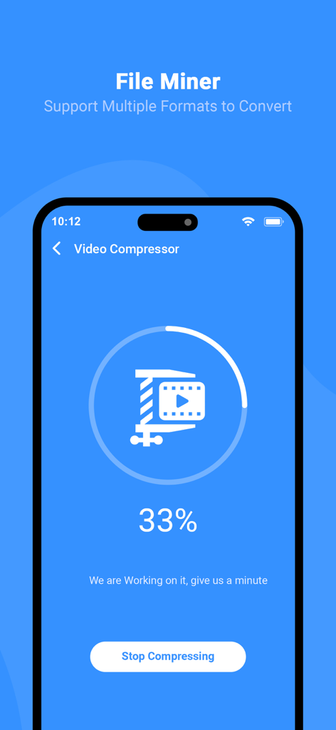 Una interfaz móvil que muestra un archivo de video siendo comprimido con un indicador de progreso del 33 por ciento.