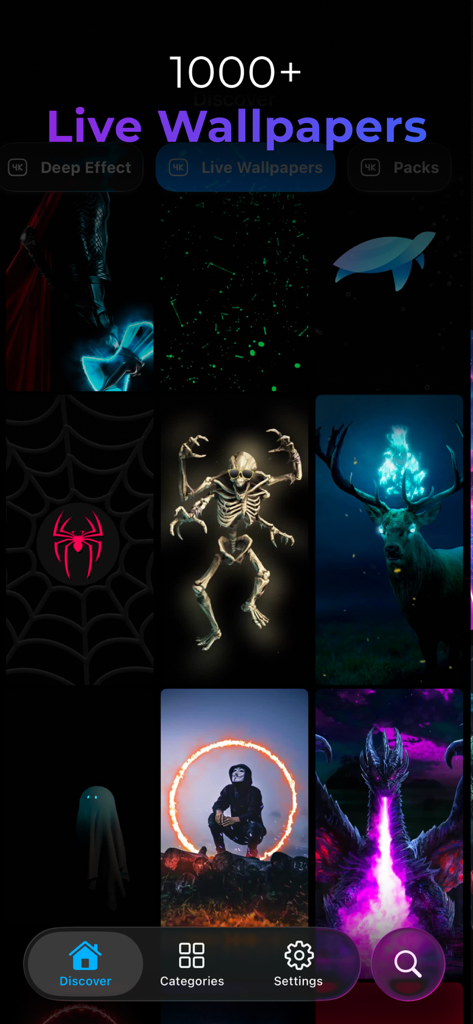 My Screen Wallpaper - Uma interface de aplicativo móvel exibindo uma grade de papéis de parede ao vivo de alta qualidade com temas diversos