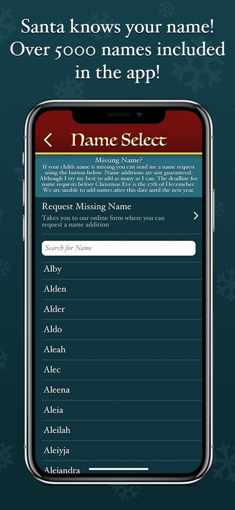 Der Namensauswahlbildschirm der Speak to Santa App, der eine Liste von Namen zur Personalisierung von Anrufen anzeigt.