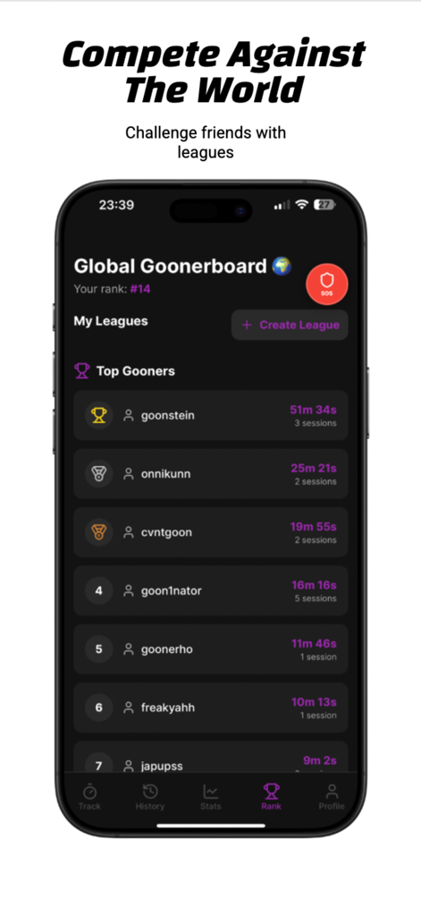 Goon Tracker - A mobile app screenshot showing the Global Goonerboard leaderboard with user rankings and streak durations