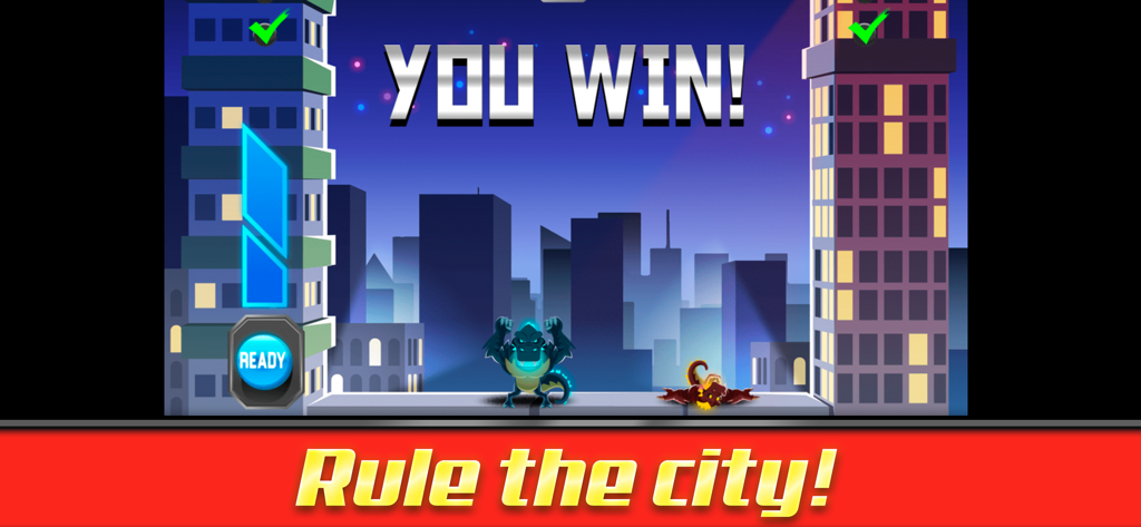 A winning screen in UFB Rampage featuring a monster celebrating in a city with the text You Win and Rule the city