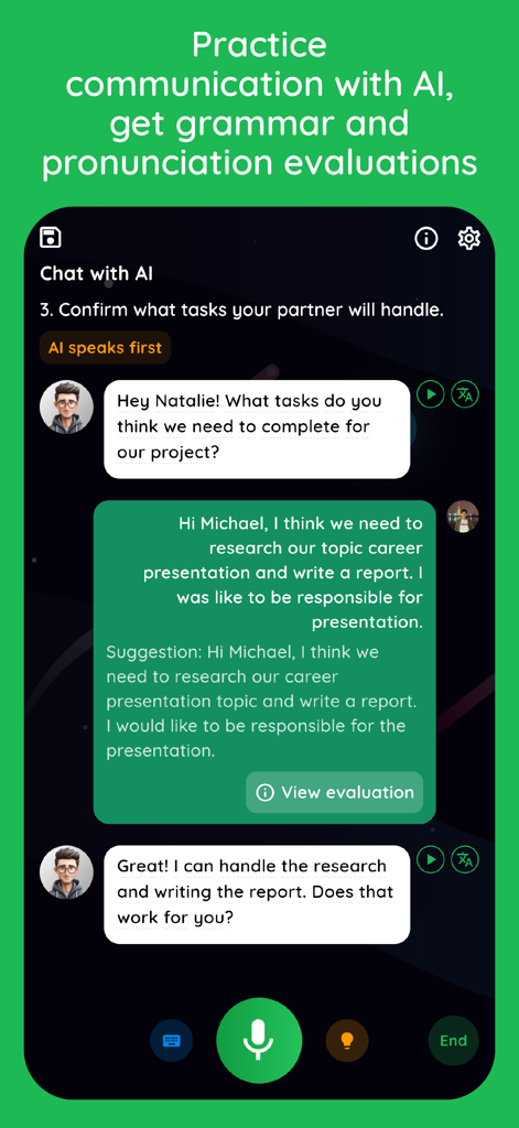 Interfaccia di chat AI nell'app Lingoland per praticare la conversazione in inglese con feedback grammaticale e valutazioni in tempo reale