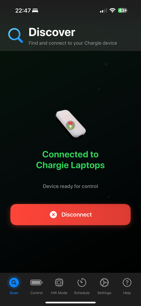 L'écran de découverte de l'application Chargie montrant une connexion réussie à l'appareil de charge matériel avec un bouton de déconnexion.