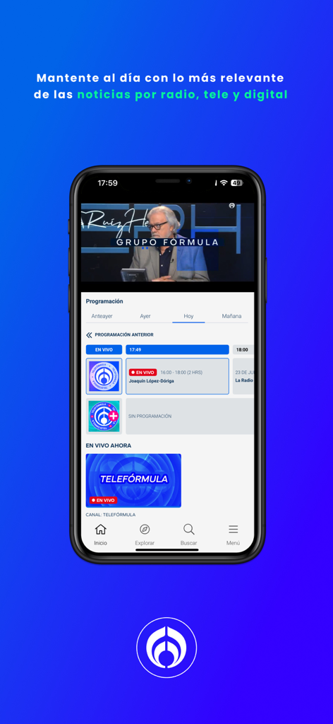 Interfaz de la aplicación Grupo Formula mostrando transmisión de noticias en vivo y el horario de programación diario