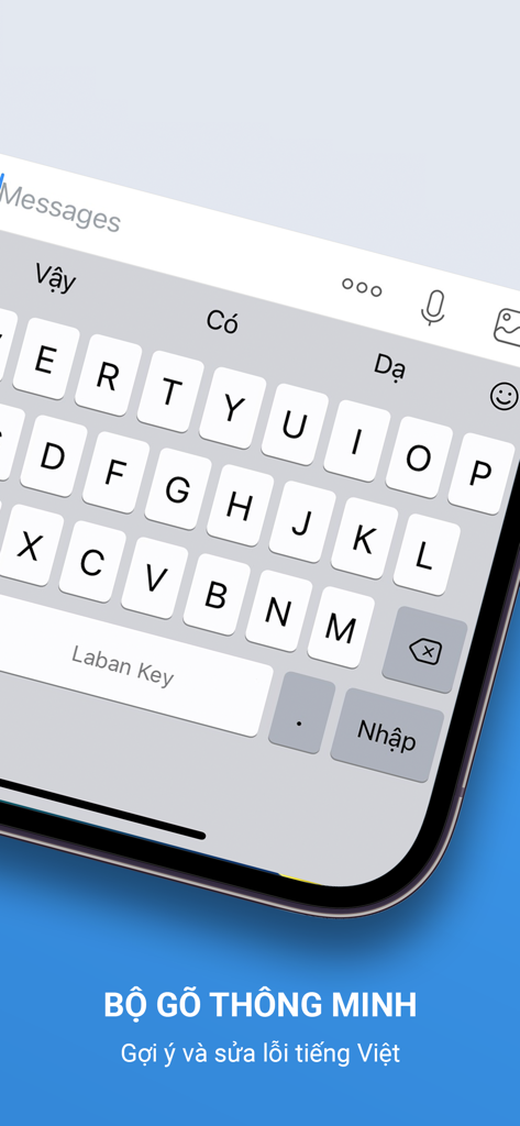 Laban Key smart Vietnamese keyboard interface on an iPhone with word suggestions and error correction