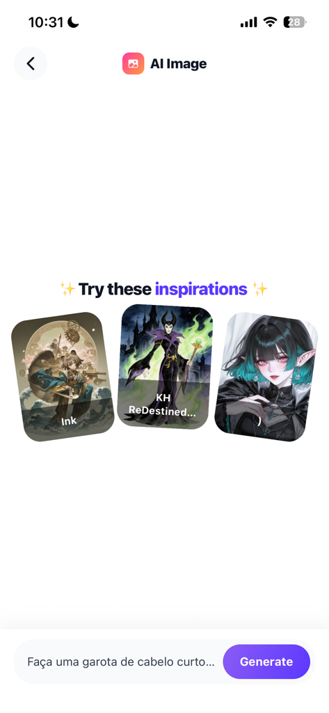 Komiko: AI Anime Generator - Komiko app screen showing anime character inspirations and an AI prompt input field