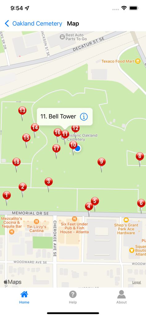 Atlanta's Oakland Cemetery - Interactive map of Oakland Cemetery in Atlanta showing numbered tour locations and the Bell Tower stop.