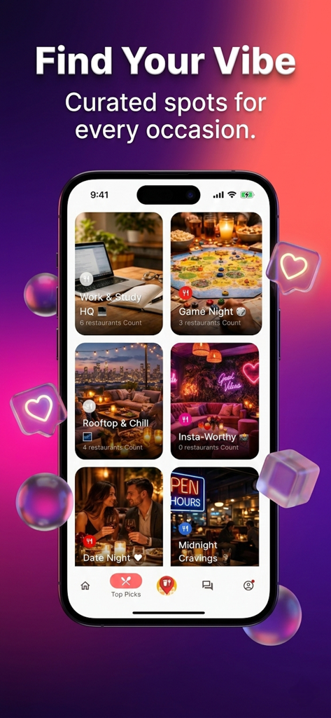 Savr: Find Restaurants & Cafes - Mobile app screen showing curated restaurant categories for different vibes including date night and rooftop spots.