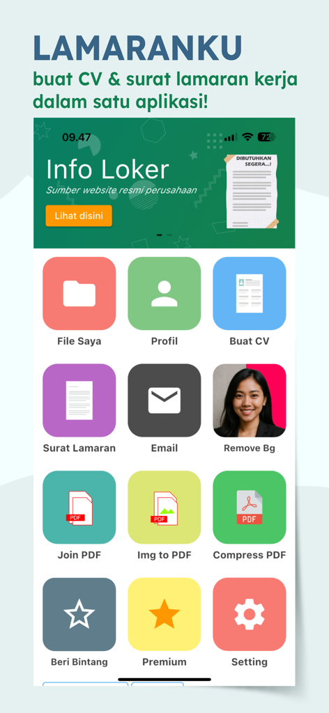 Lamaranku - Home screen of Lamaranku app with resume builder and PDF features