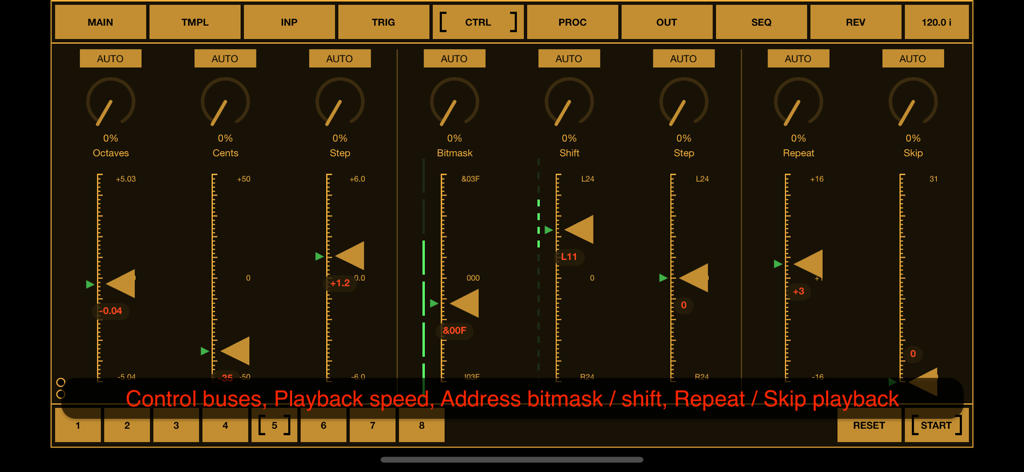 BeatCutter - Pantalla de control de audio de la aplicación BeatCutter que muestra deslizadores de control para octavas, máscara de bits y parámetros de reproducción