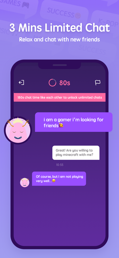 Litmatch app interface showcasing the 3-minute limited chat feature with a countdown timer and user avatars