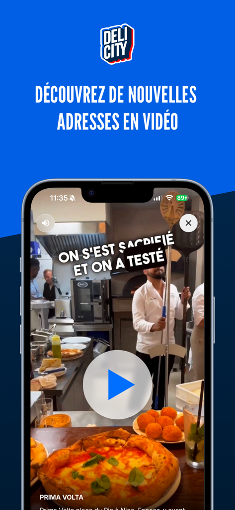 Delicity - Smartphone displaying a video review of a pizza restaurant in the Delicity app