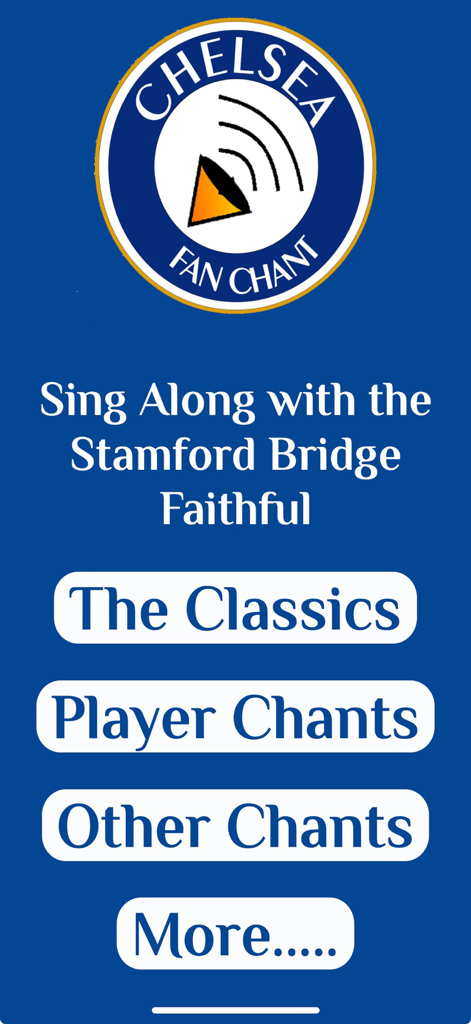 Chelsea FanChant - 클래식 및 선수 응원가 버튼이 있는 첼시 팬챈트 앱의 메인 인터페이스