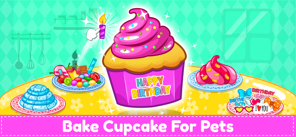 Baby Pet Care Games & Dress up - Interactive cupcake baking and decoration mini-game screen for toddlers