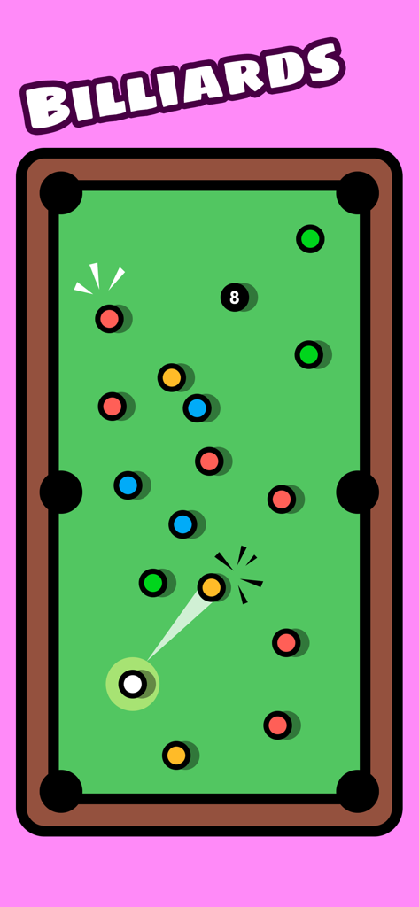 1 2 3 4 Player Games - Battle - Pantalla de minijuego de billar con una mesa de billar verde y bolas de colores