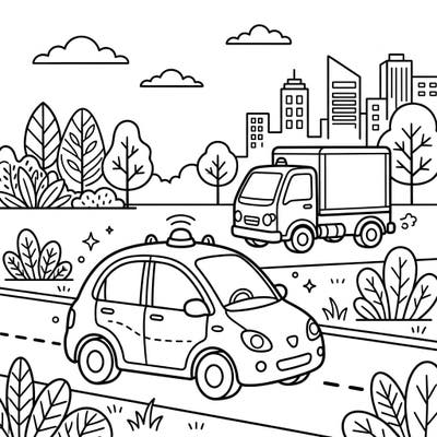 Ignite your child's imagination with this exciting coloring page featuring autonomous vehicles. Kids will love bringing self-driving cars and futuristic trucks to life with their favorite colors.