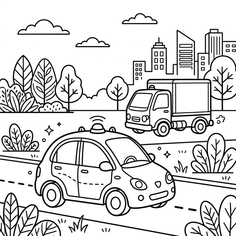 Ignite your child's imagination with this exciting coloring page featuring autonomous vehicles. Kids will love bringing self-driving cars and futuristic trucks to life with their favorite colors.
