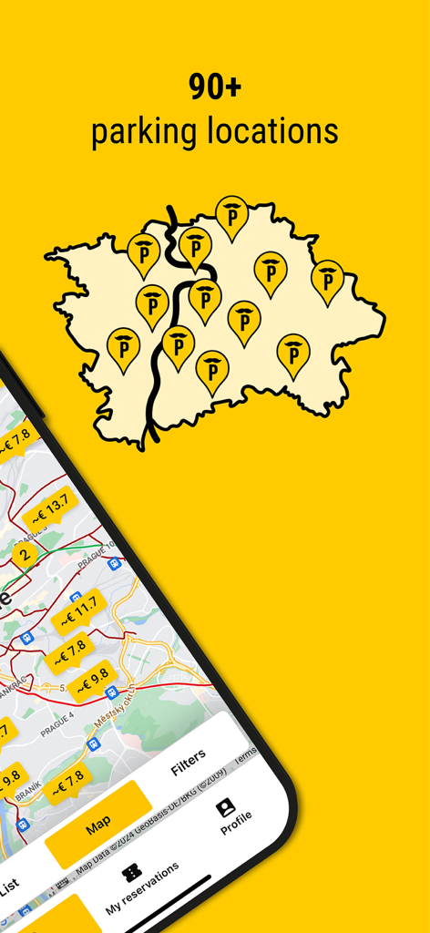 MR.PARKIT mobile app screen showing a map of Prague with over 90 parking locations and price tags.