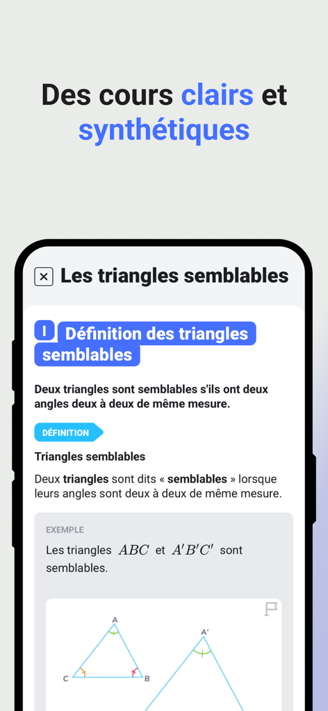 Kartable - Cours et révisions - Screenshot of a geometry lesson about similar triangles on the Kartable educational app.