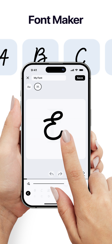사용자가 Fonts Art iPhone 앱에서 맞춤 손글씨 폰트를 만드는 모습.