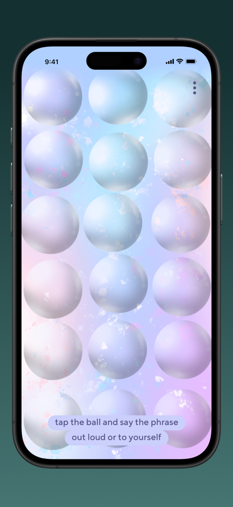 Relaxing Games by StressBall+ - A mobile app interface featuring a grid of iridescent pearls for sensory relaxation with an instruction to tap and speak.