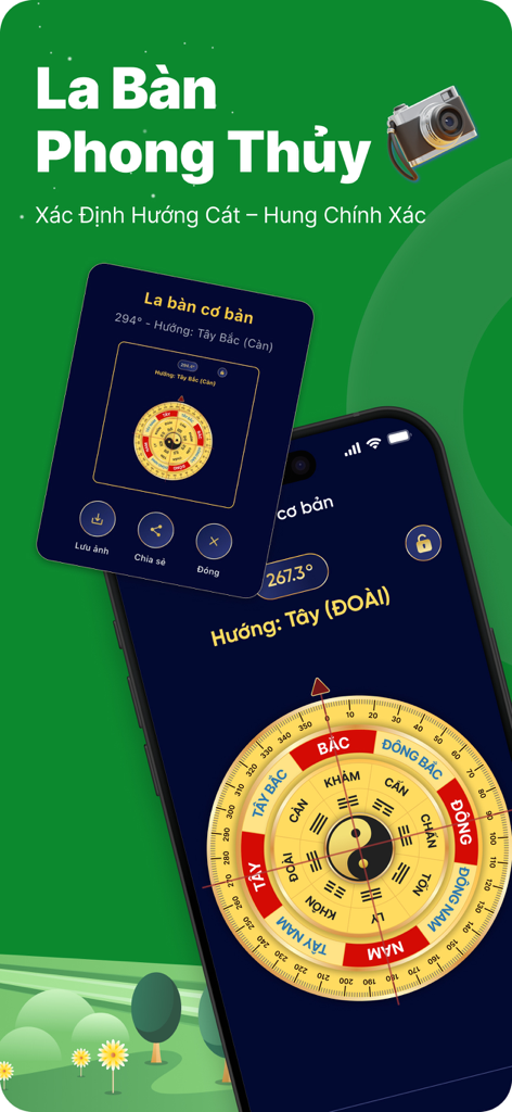 Lịch Âm - Lịch Vạn Niên 2026 - Interfaz de brújula de Feng Shui para determinar direcciones de la suerte en la aplicación Lich Am