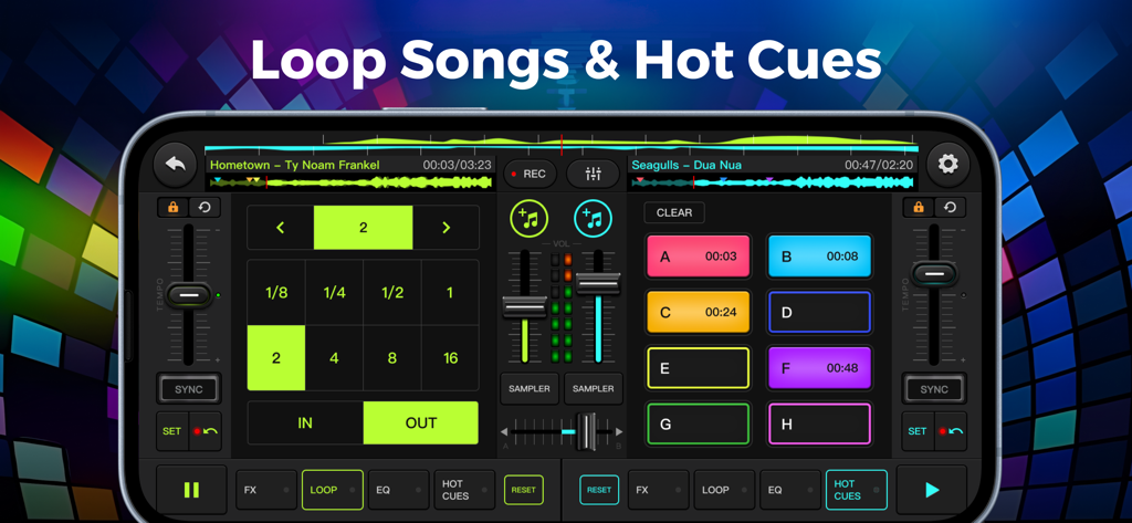 Interface of Rythmix DJ app showing looping controls and hot cue pads for professional music mixing on mobile.