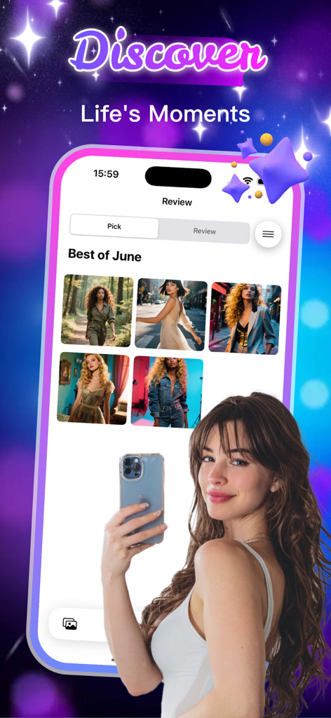 Docom app interface showing the Best of June photo review grid with a woman taking a mirror selfie