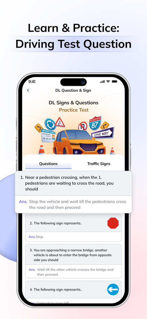 RTO All Vehicle Information - A mobile app interface for practicing driving license test questions and traffic signs.