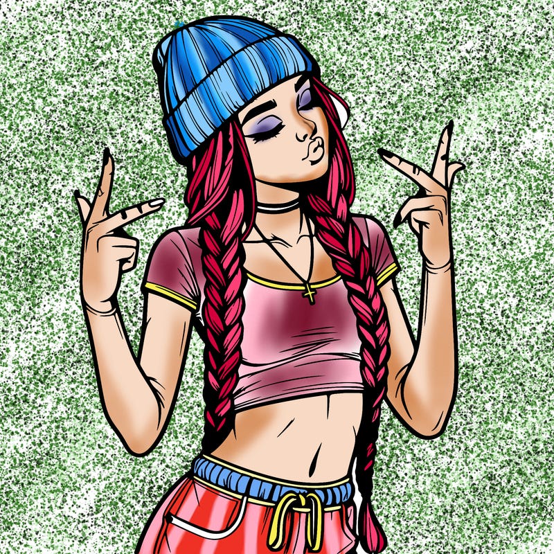 realistic teenage girl with braids and a beanie and crop top doing 🫶🏼