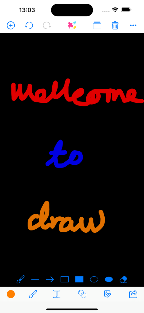 Brush Canvas color draw boards - Interface do aplicativo de desenho Brush Canvas com texto escrito à mão colorido e barras de ferramentas.