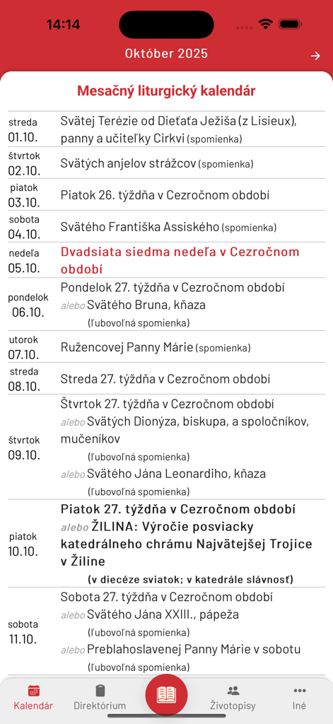 Liturgické čítania - A monthly liturgical calendar in Slovak displaying religious feast days and saints