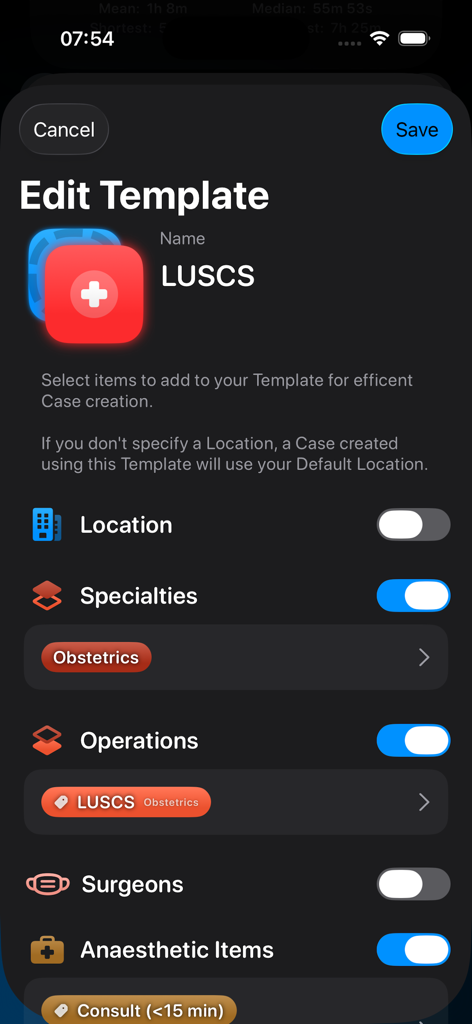 Somnus - Somnus app screen for editing a surgical case template named LUSCS.