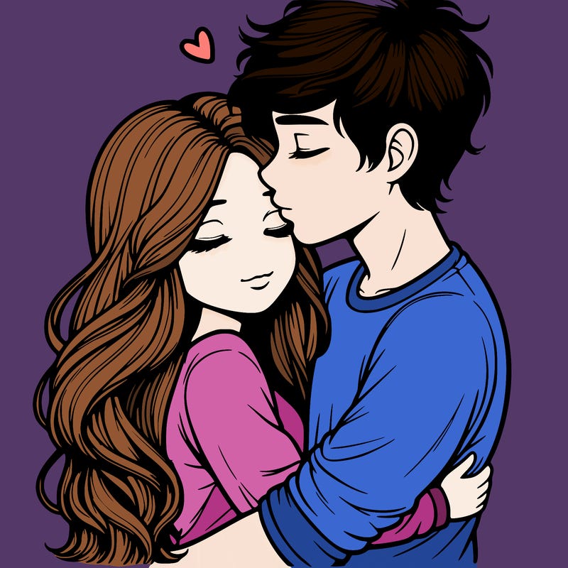 a realistic couple boy and girl hugging and kissing