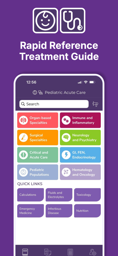 Interface principal do aplicativo Sanford Guide Pediátrico mostrando categorias de especialidades clínicas e links rápidos