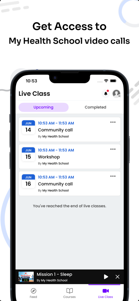 My Health School - Schermata mobile che mostra il programma delle lezioni dal vivo e dei workshop della community nell'app My Health School