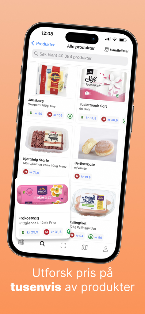 Interfaz de la aplicación móvil Prisjegere que muestra una barra de búsqueda y comparaciones de precios para varios artículos de comestibles como queso, huevos y carne en diferentes tiendas