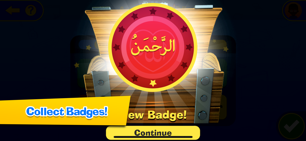 Ali and Sumaya: School - Um distintivo islâmico vermelho aparecendo de um baú de tesouro para recompensar o progresso no aplicativo