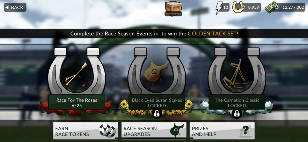 Photo Finish Horse Racing - Photo Finish Horse Racing game menu showing race season events including Race For The Roses and Black Eyed Susan Stakes