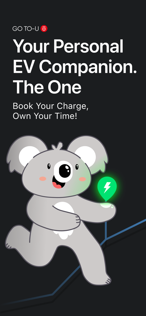 GO TO-U EV charging app mascot koala holding a glowing green charging pin icon with the slogan Your Personal EV Companion